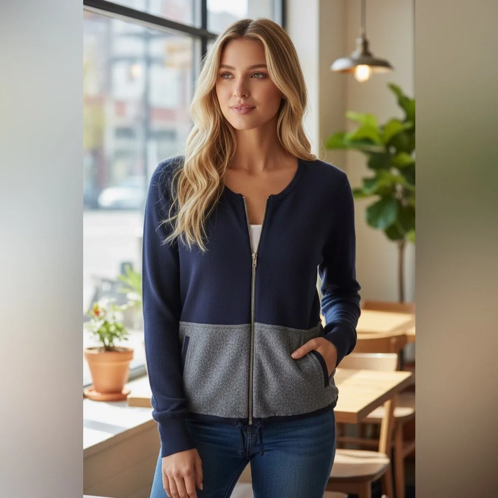 J.Crew Navy Gray Merino Wool Zip Front Colorblock Sweater Jacket Size L
